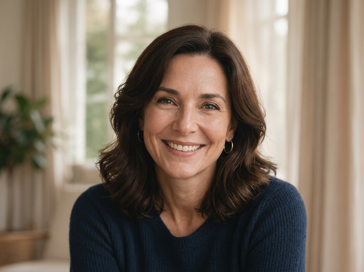 A woman in her early thirties smiling